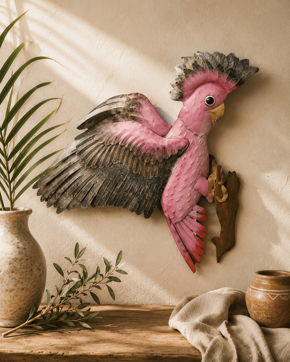 Decorative wall art of a pink parrot on a neutral wall with plants and a wooden shelf.