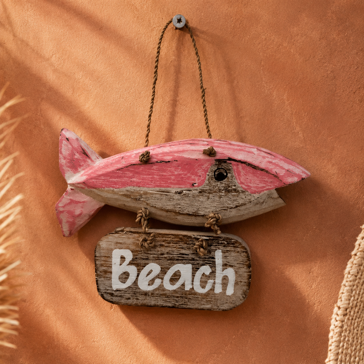 "Beach" Fish Hanging Sign — Pink