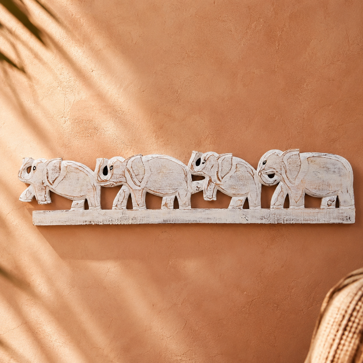 Four Elephants Carved Wood Wall Art — Whitewashed Finish