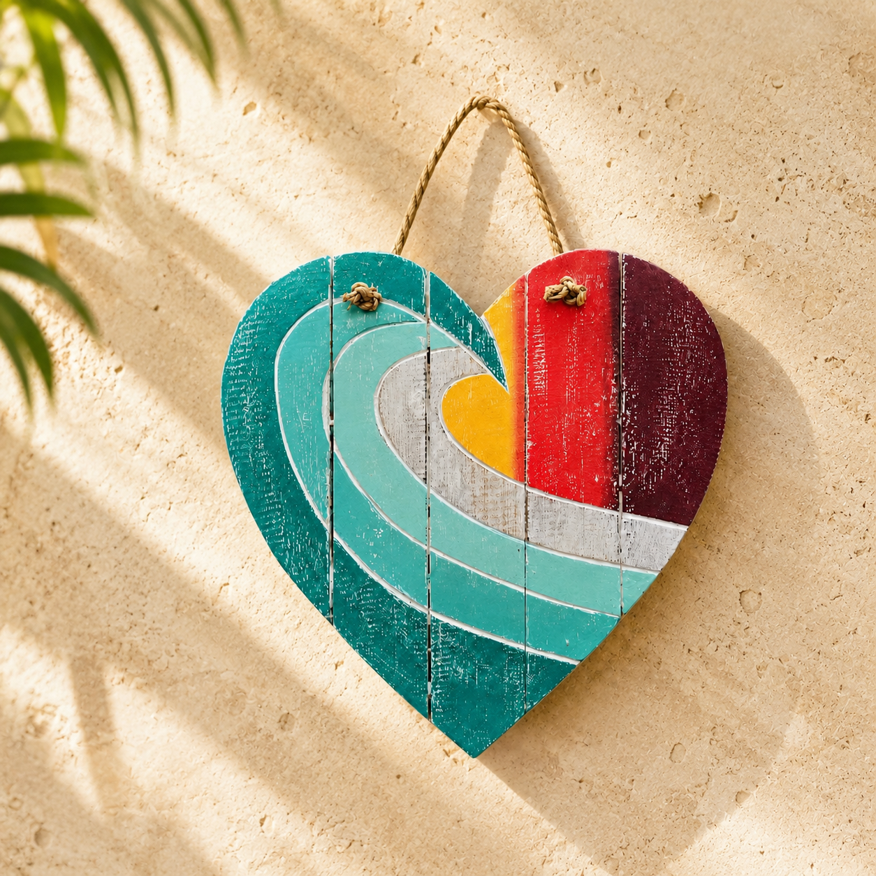 Wave Heart Hanging Sign — Teal & Ruby