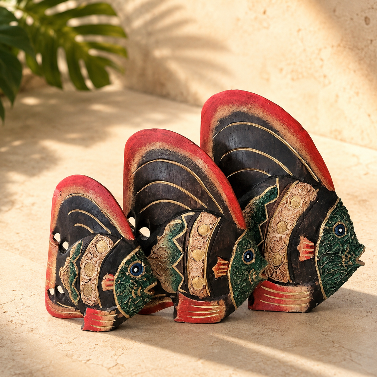 Angelfish Trio — Jewel-Tone Mosaic Carved Wood