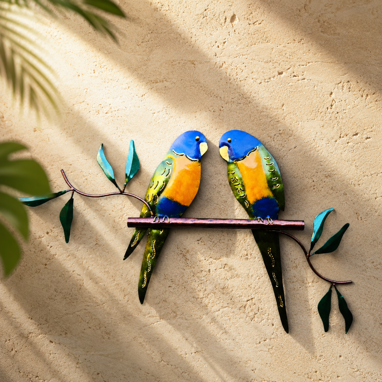 Two Parrots on Branch Metal Wall Art — Blue, Orange & Green