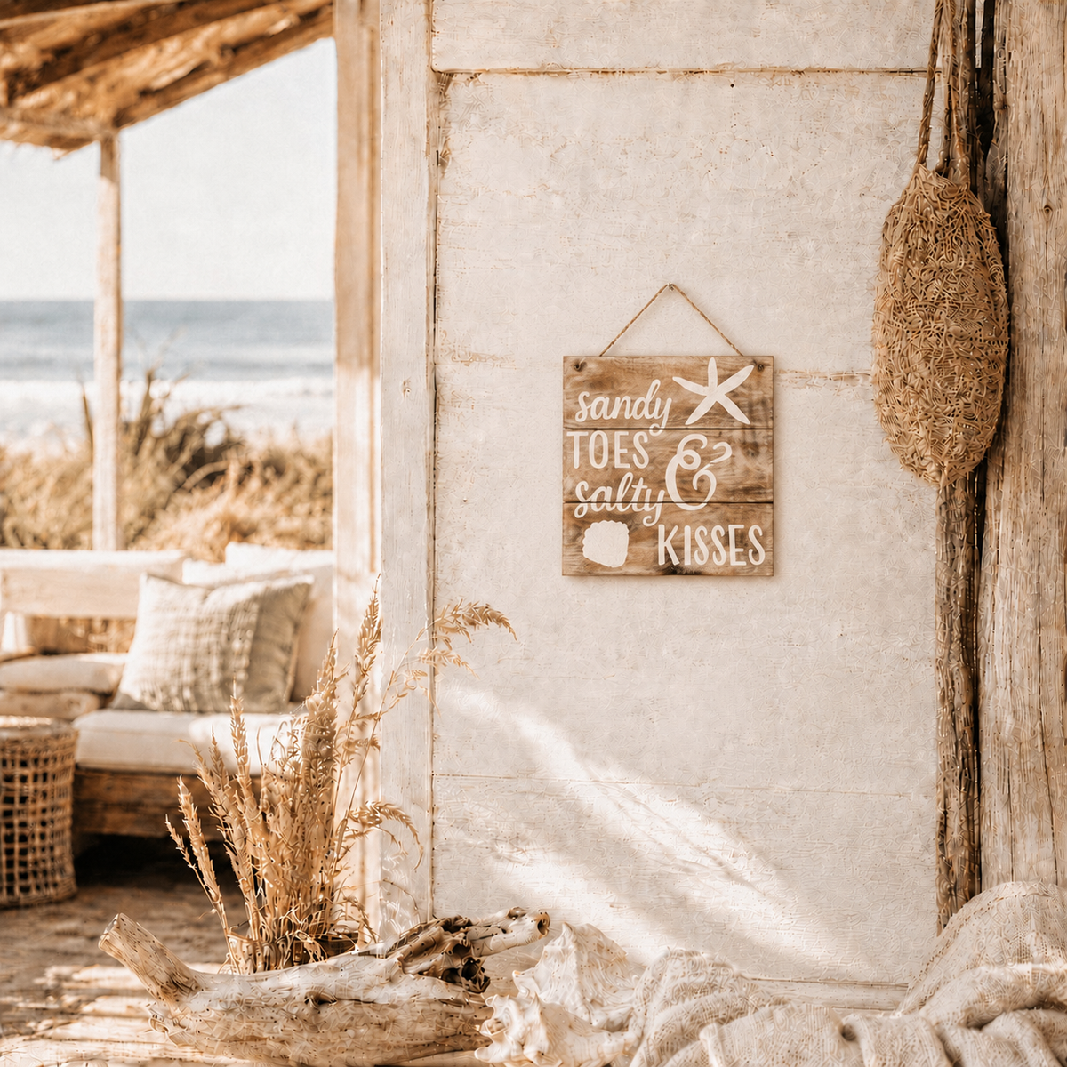 "Sandy Toes & Salty Kisses" Hanging Sign — Sage