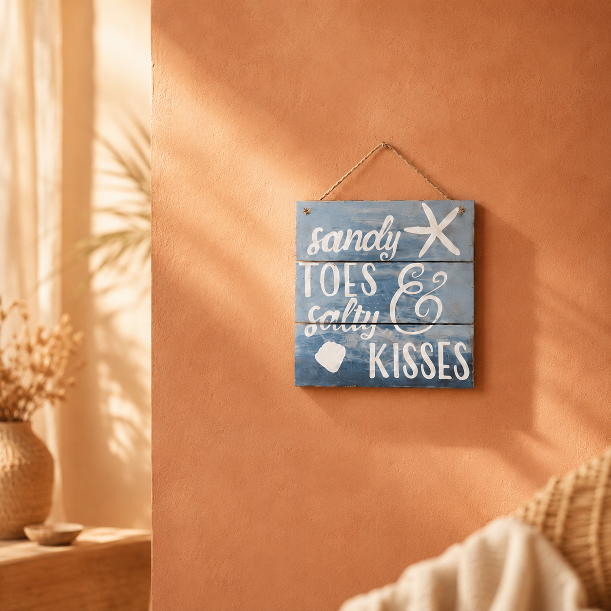 "Sandy Toes & Salty Kisses" Hanging Sign — Ocean Blue