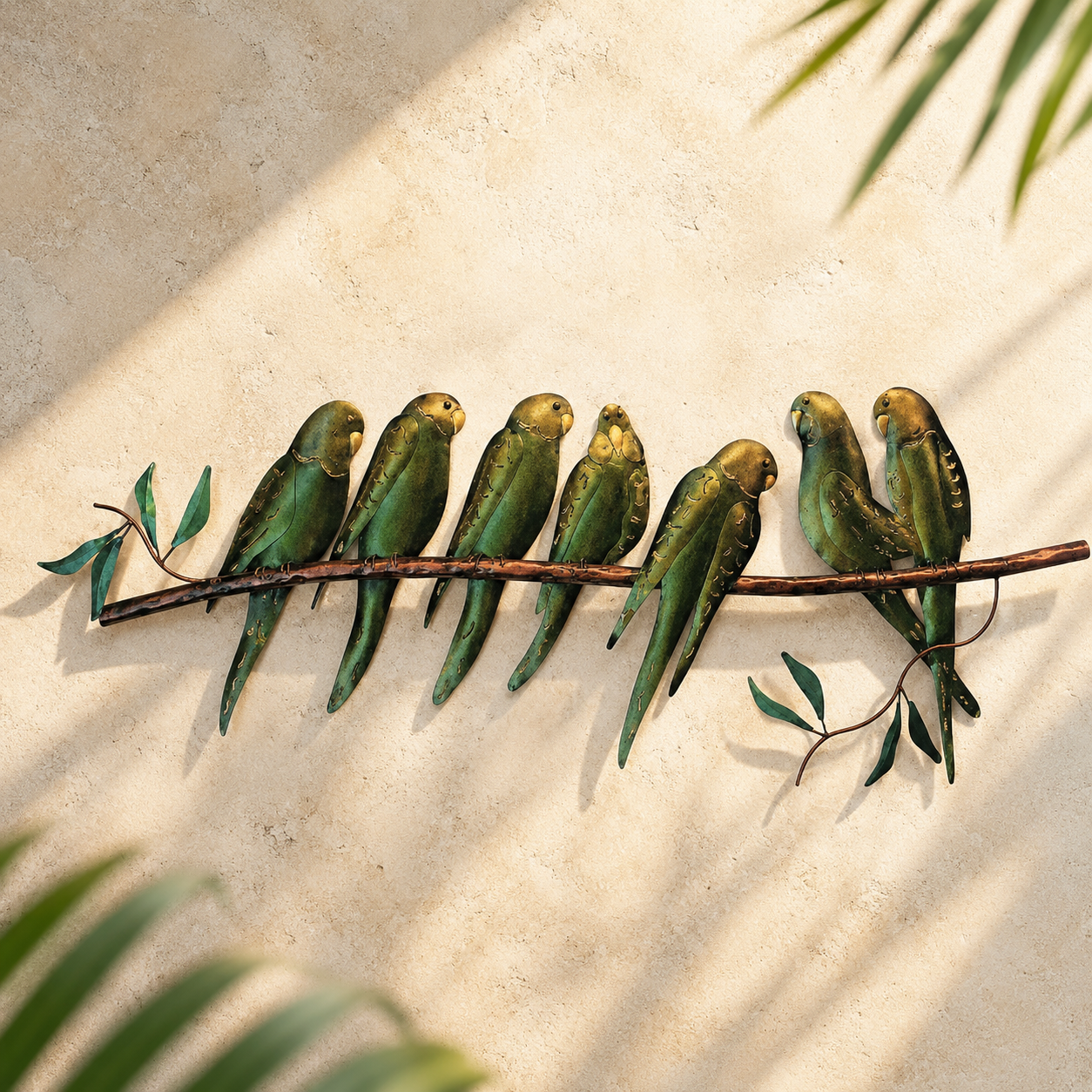 Seven Budgies on Branch Metal Wall Art — Green & Gold