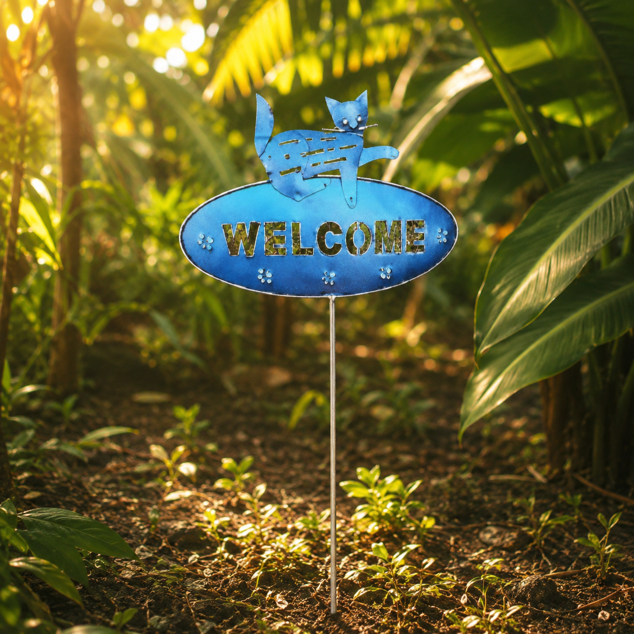 "Welcome" Garden Stake — Blue Cat