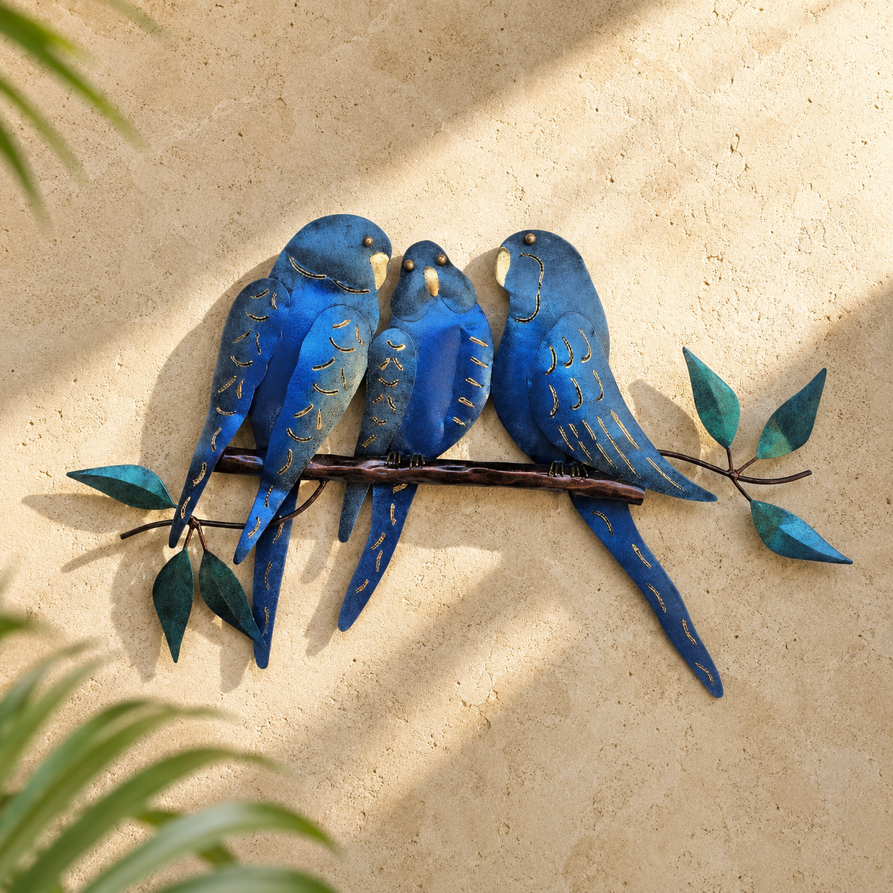 Three Budgies Metal Wall Art — Blue