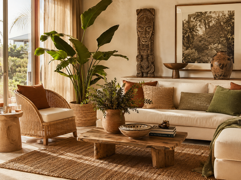 Cozy living room with a couch, chairs, and decorative items.