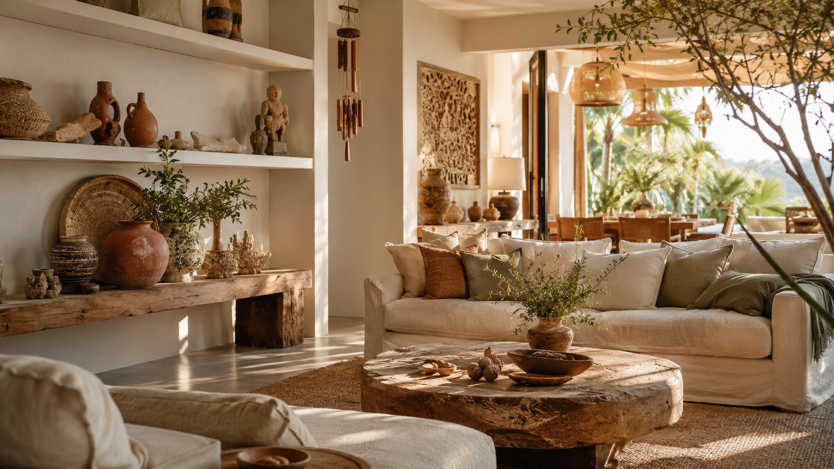 Cozy living room with beige sofa, wooden coffee table, and decorative shelves.