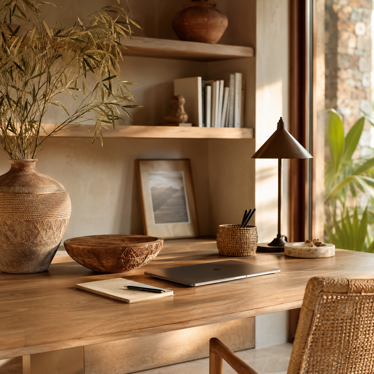 Wooden desk with laptop, notebook, and decorative items in a warm, home office setting.