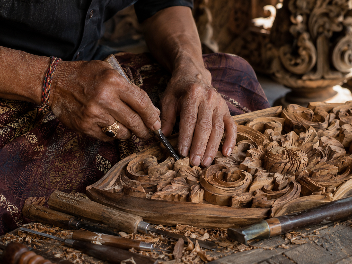 Person carving intricate designs into wood with tools on a wooden surface.