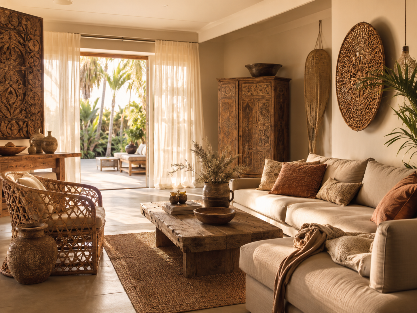 Cozy living room with beige sofa, wooden coffee table, and decorative elements.