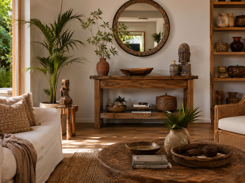 Living room with wooden furniture, plants, and decorative items.