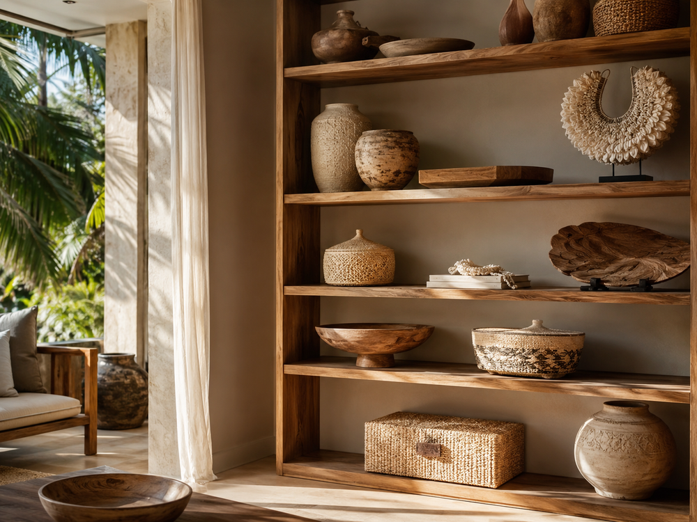 Wooden shelves with decorative items in a room with natural light