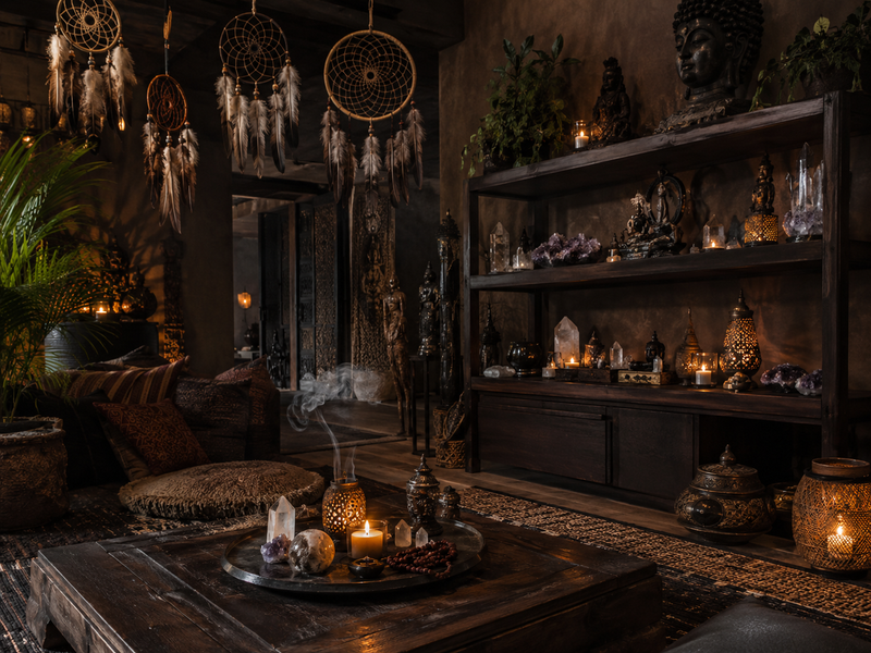 Dark interior space with shelves, candles, and decorative items creating a cozy atmosphere.