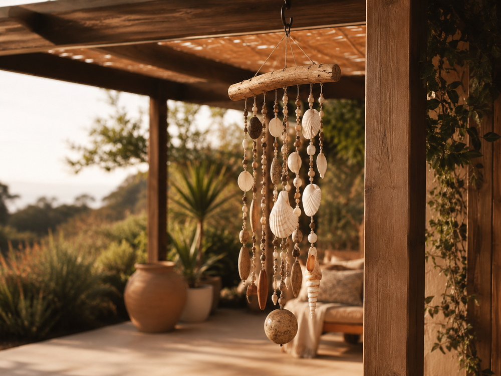 Decorative wind chime hanging from a wooden pergola with a garden background