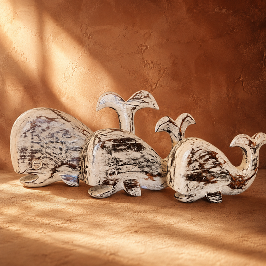 Whale Trio — Whitewashed Carved Wood