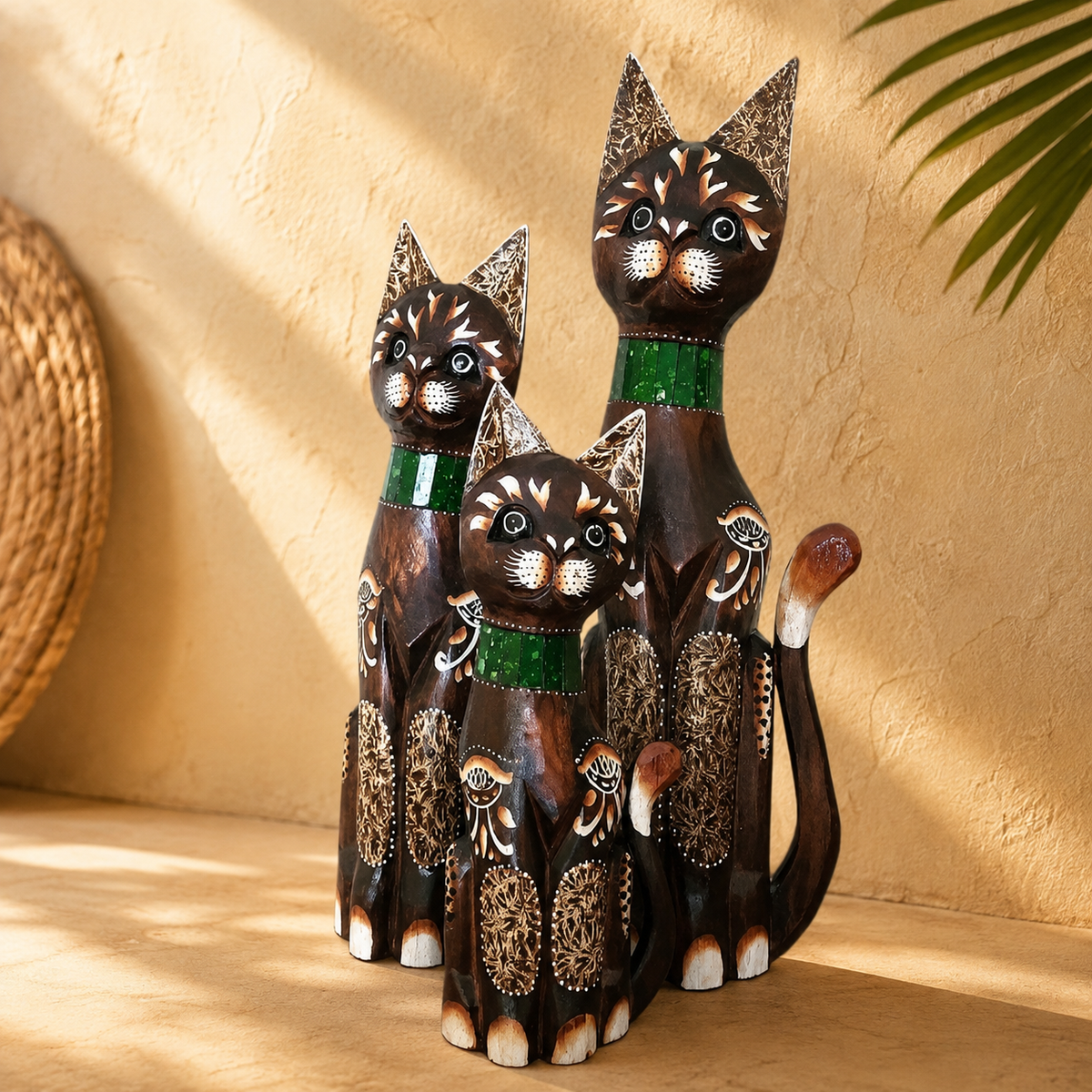 Set of 3 Mosaic Cat Figurines — Green Collar