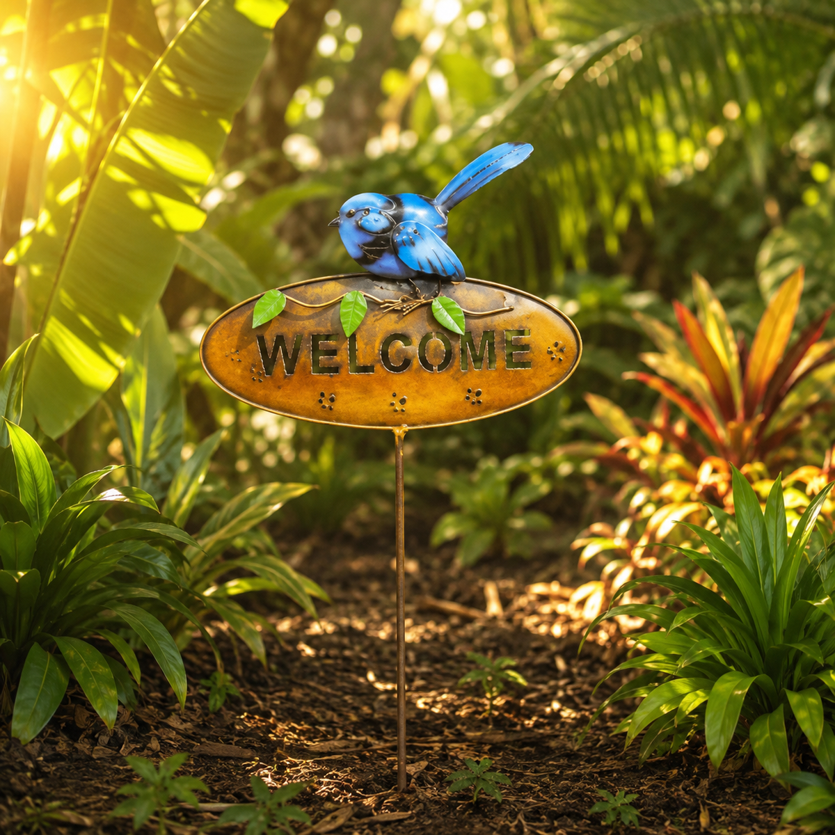 "Welcome" Garden Stake — Blue Wren