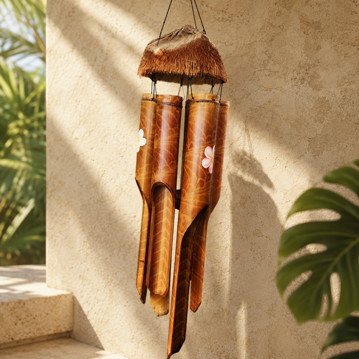 Plumeria Bamboo Wind Chime — Coconut Fringe, Four Tube