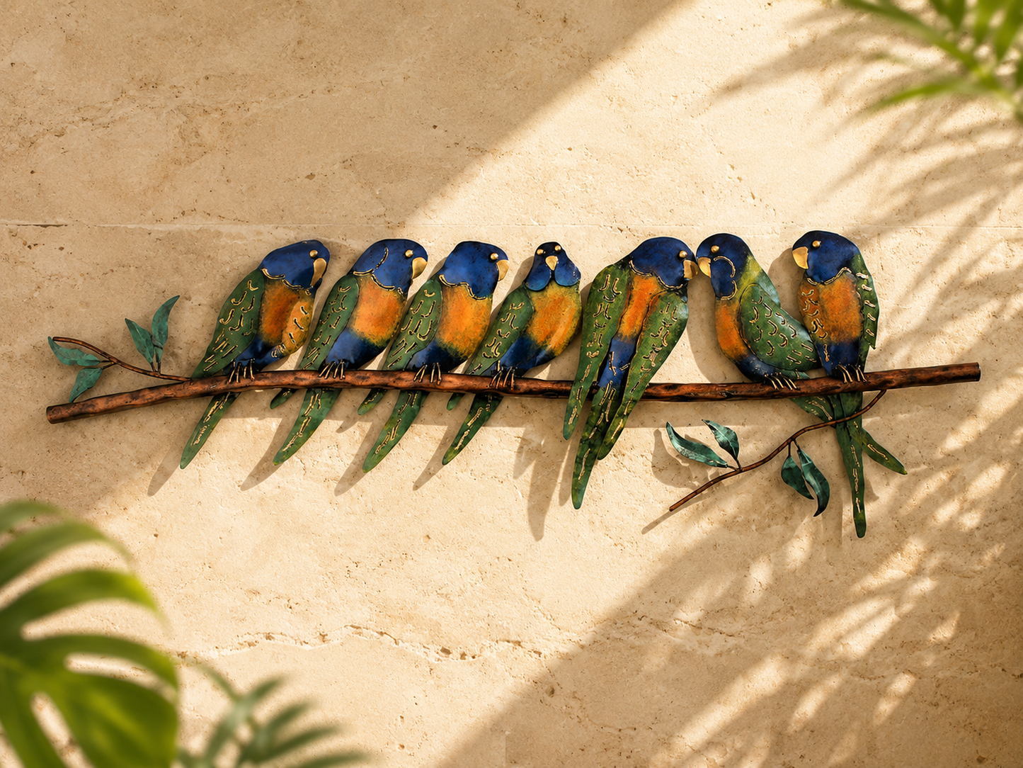 Seven Parrots on Branch Metal Wall Art — Blue, Orange & Green