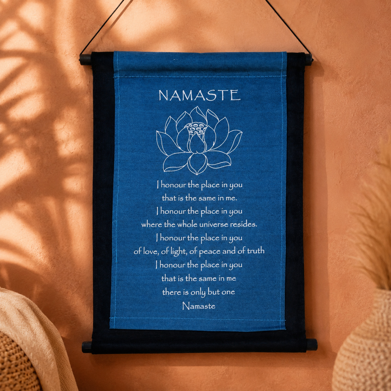 Namaste Lotus Affirmation Banner — Denim Blue