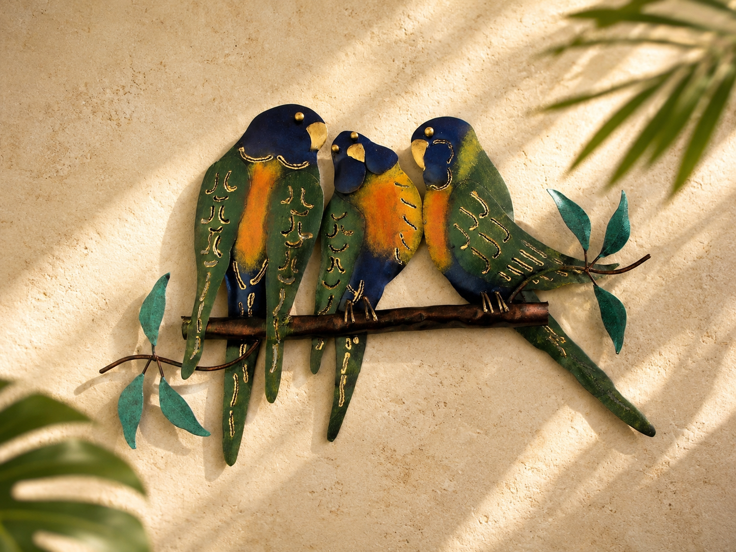 Three Parrots on Branch Metal Wall Art — Blue, Orange & Green