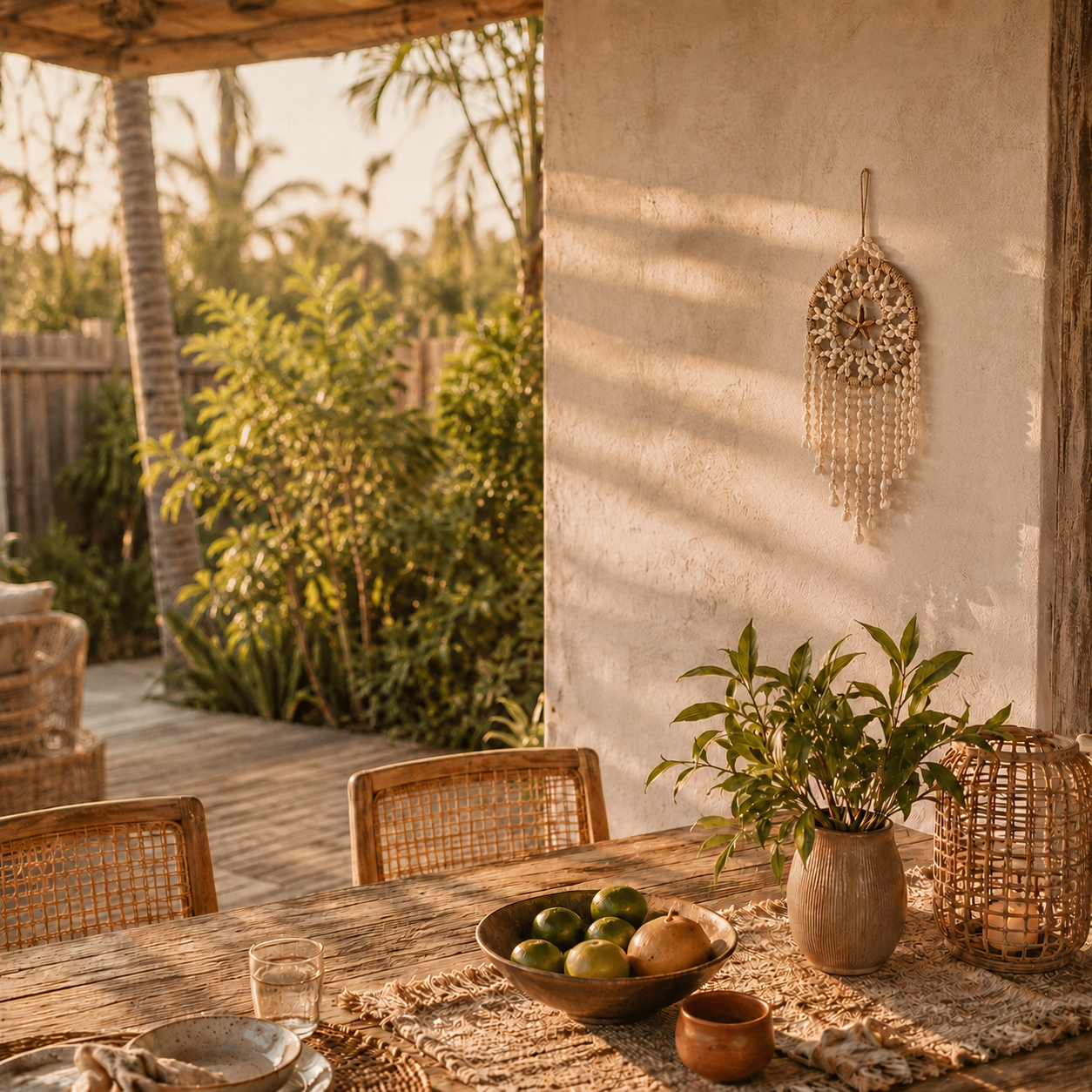A boho-style woven macrame wall hanging is displayed on a textured off-white stucco wall in a warm, sunlit outdoor patio setting. The scene features a wooden dining table with woven chairs, a bowl of green citrus, a potted plant, and a woven lantern, with palm trees visible in the background.