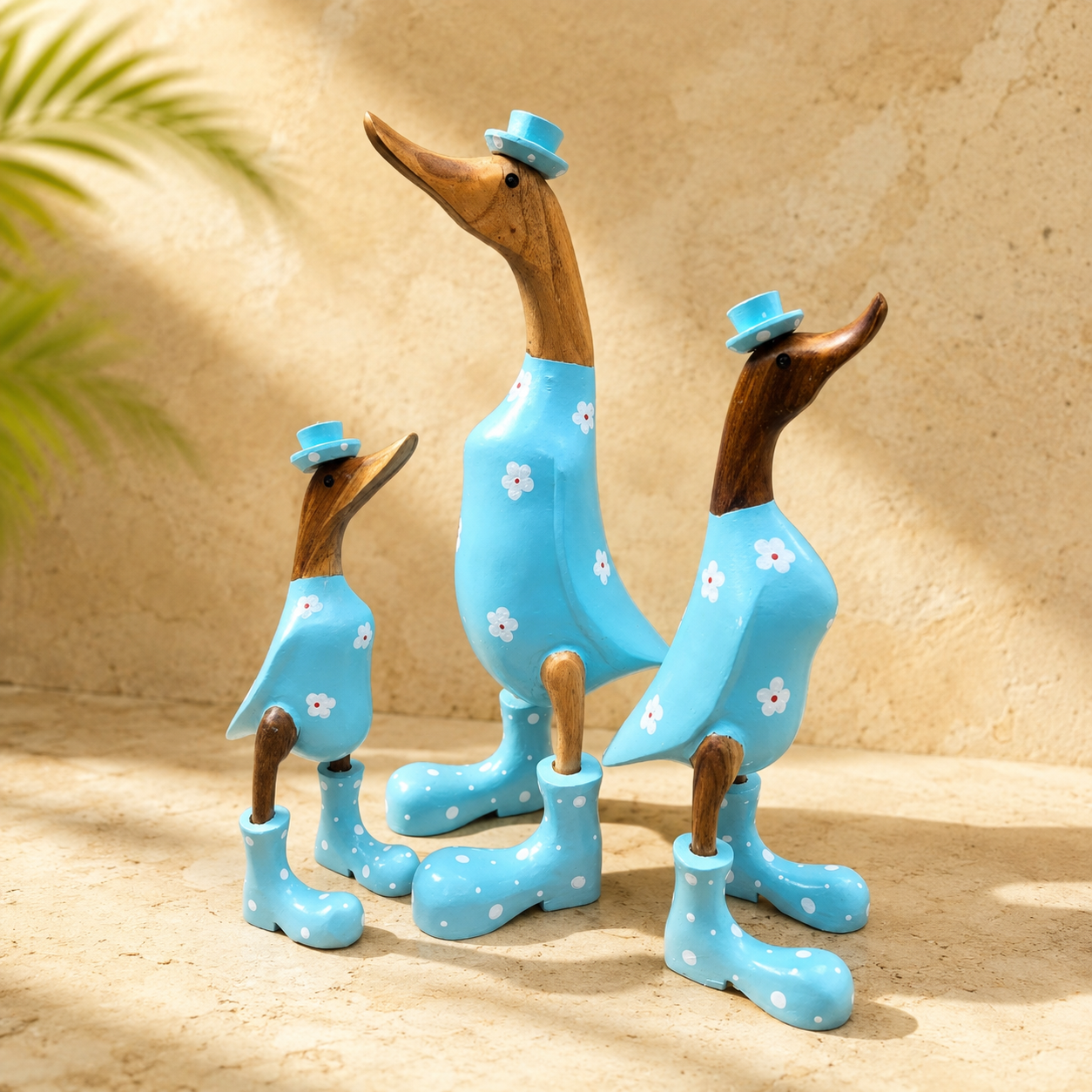 Duck Trio in Wellington Boots — Sky Blue Floral