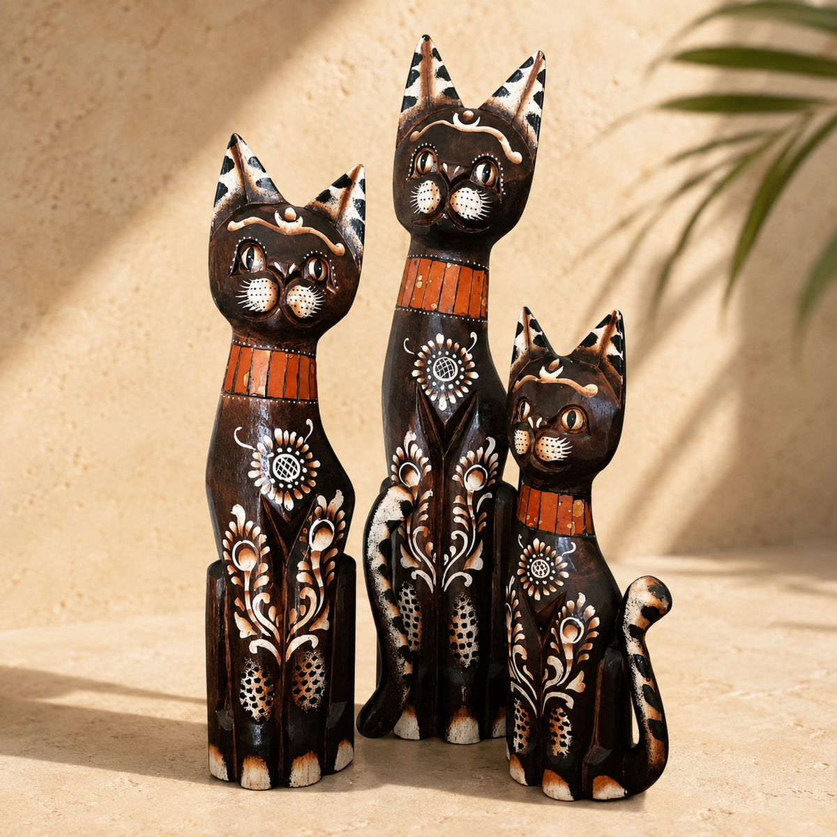 Set of 3 Painted Cat Figurines — Rust Collar