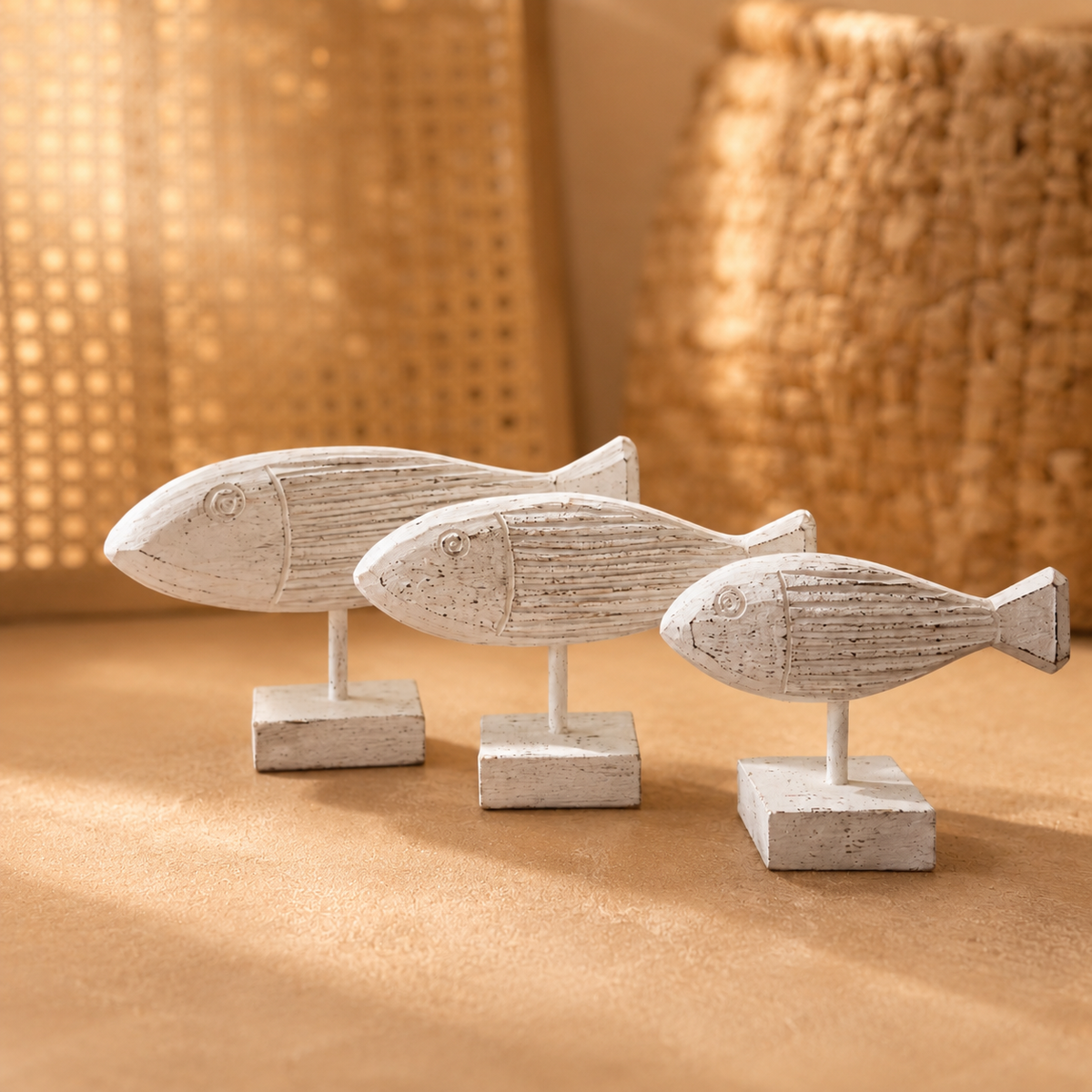 Fish Trio on Stands — Whitewashed Carved Wood