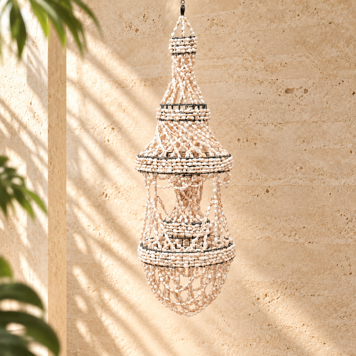 Beaded Shell Pendant Lantern — Tiered Coastal Hanging Light