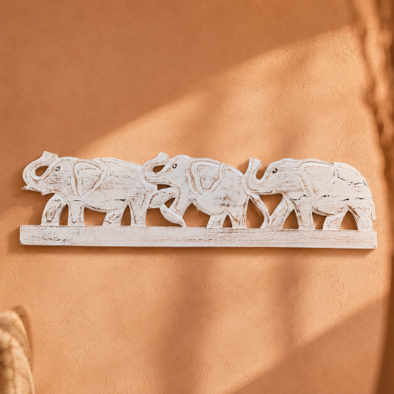 Three Elephants Carved Wood Wall Art — Whitewashed Finish
