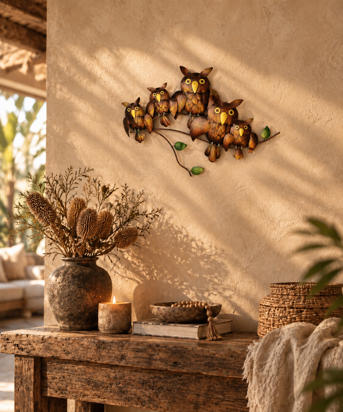 Owl Family on Branch Metal Wall Art — Rustic Copper & Bronze