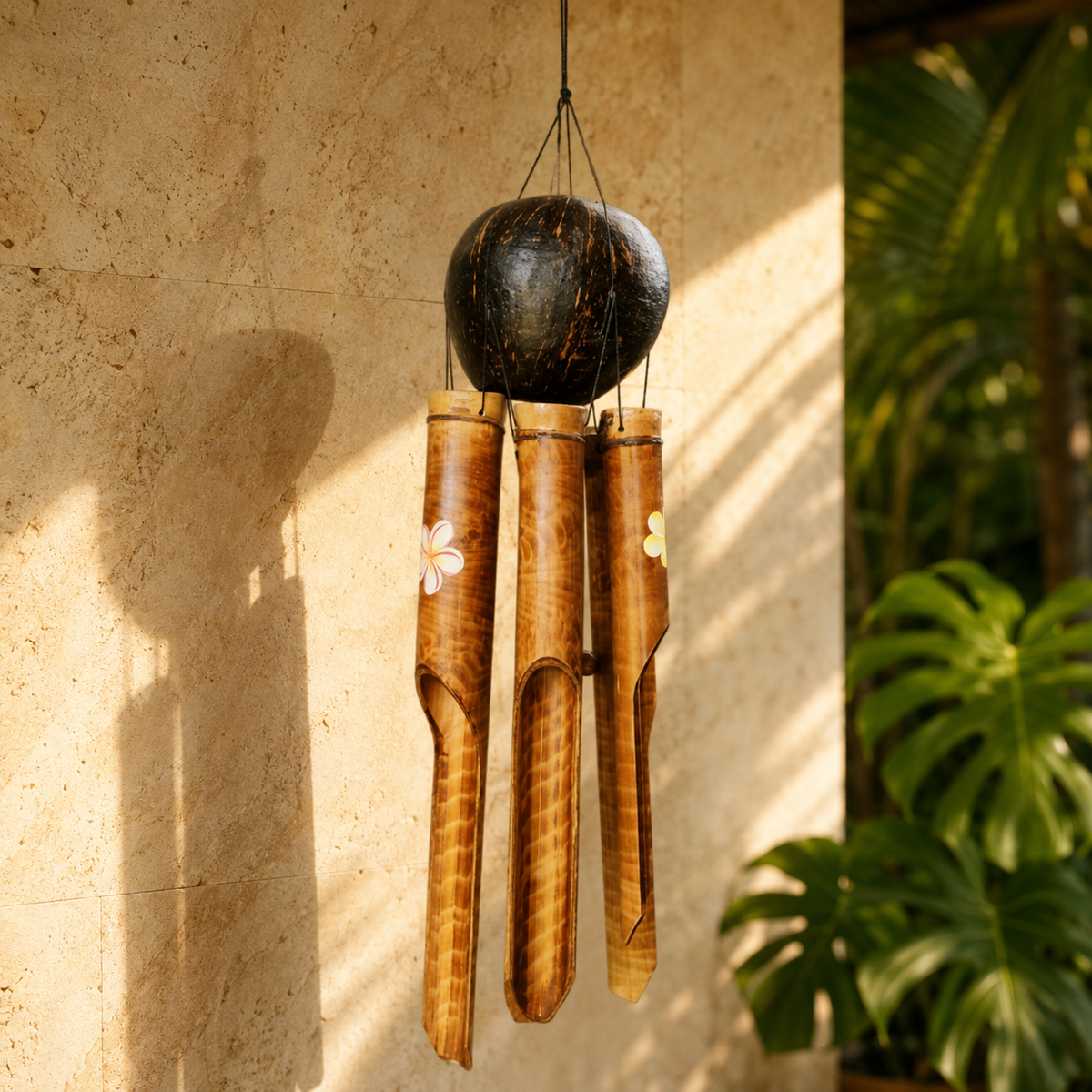 Plumeria Bamboo Wind Chime — Whole Coconut Shell