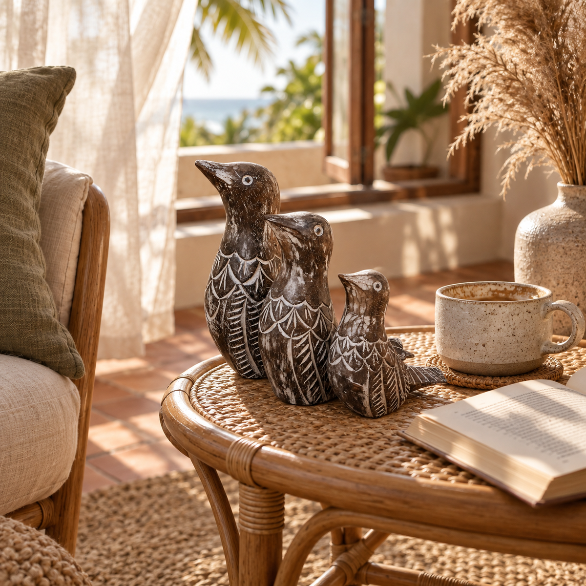 Weathered Bird Trio — Distressed Carved Wood