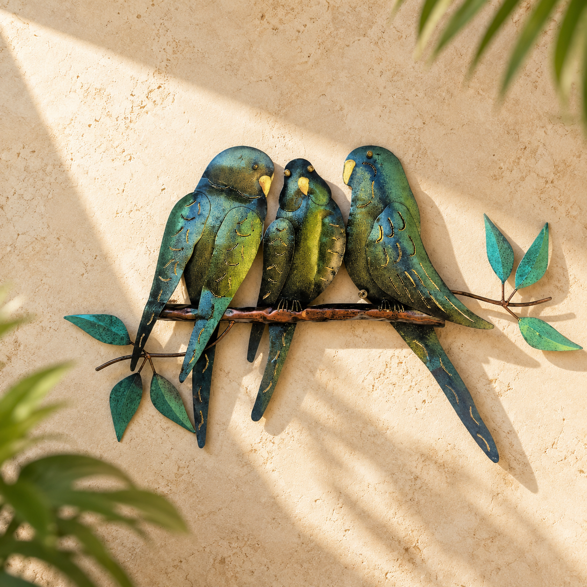Three Budgies Metal Wall Art — Green
