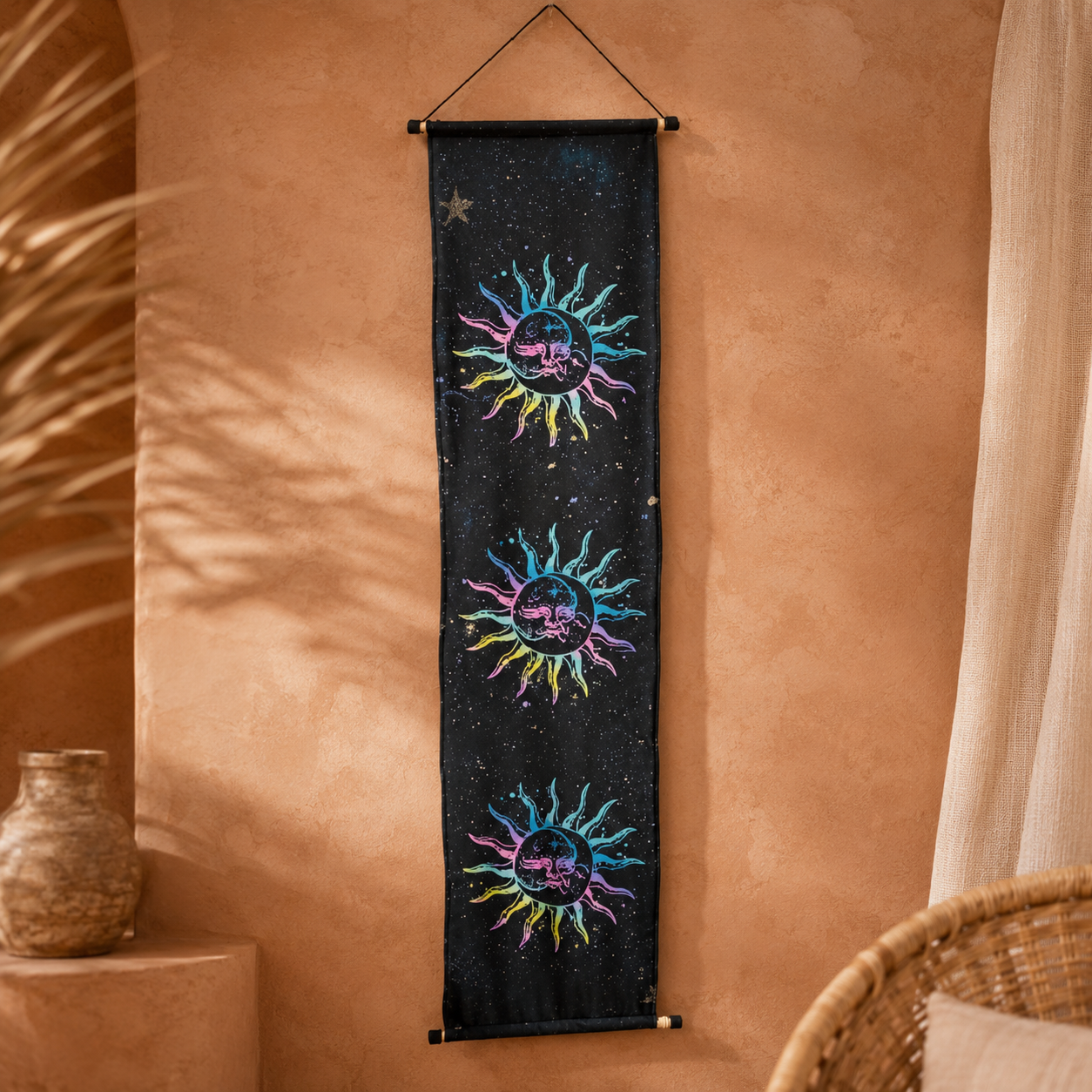 Sun & Moon Face Affirmation Banner — Celestial Rainbow